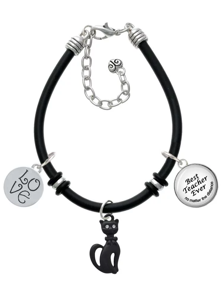 Delight Jewelry Tall Sitting Matte Black Cat Dome Best Teacher Ever Black Rubber Charm Bracelet
