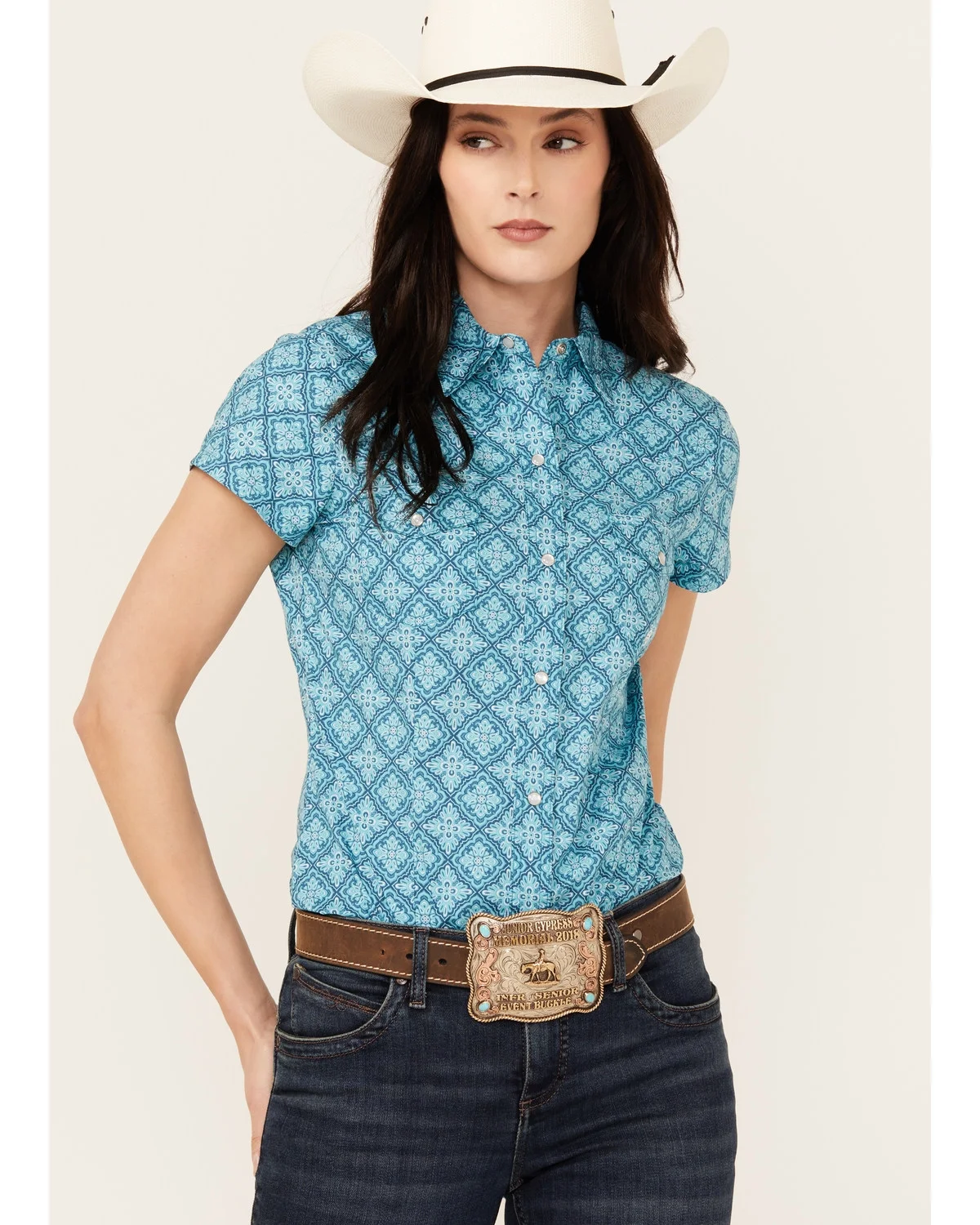 Roper Women's Turquoise Lake Geo Print Short Sleeve Snap Western Shirt Blue Large US