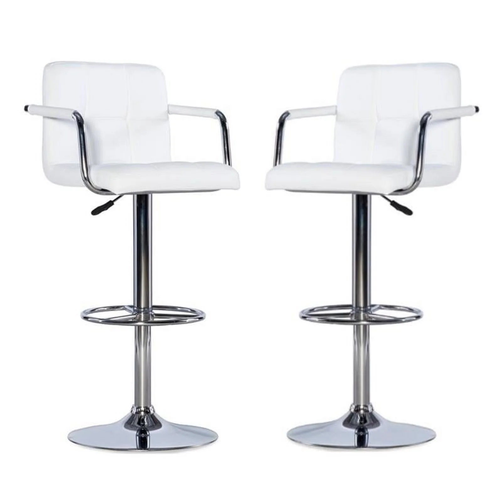 Pemberly Row Quilted Back Metal Swivel Bar Stool in Chrome and White - Set of 2