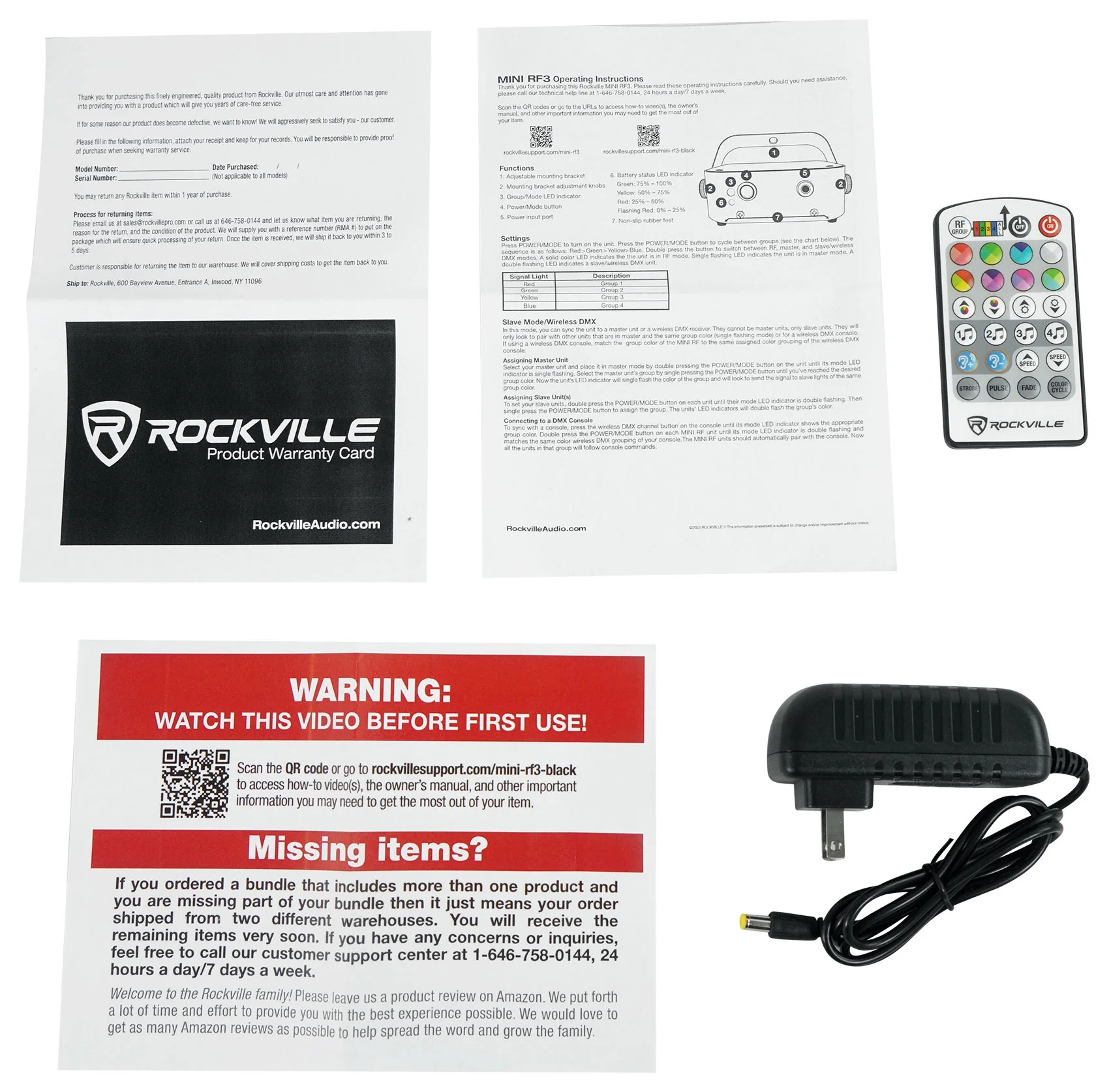 (5) Rockville MINI RF3 Black RGBWA+UV DJ/Party LED Wash Lights+Remotes+Bag