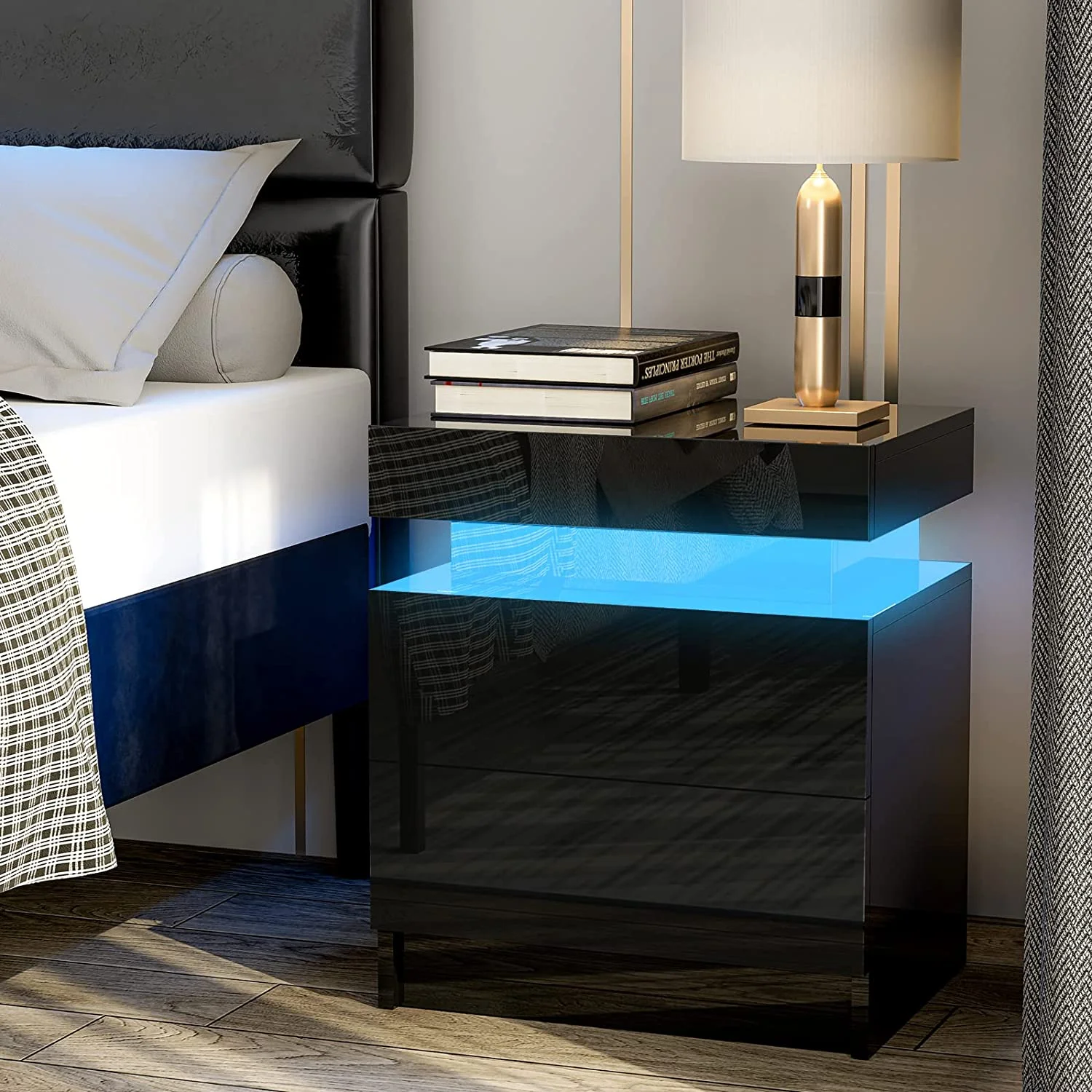 IKIFLY Black Modern LED Nightstand with 2 Drawers/High Gloss Bedside Tables with Changing LED Lights/End Side Table for Bedroom Living Room Furniture - Black