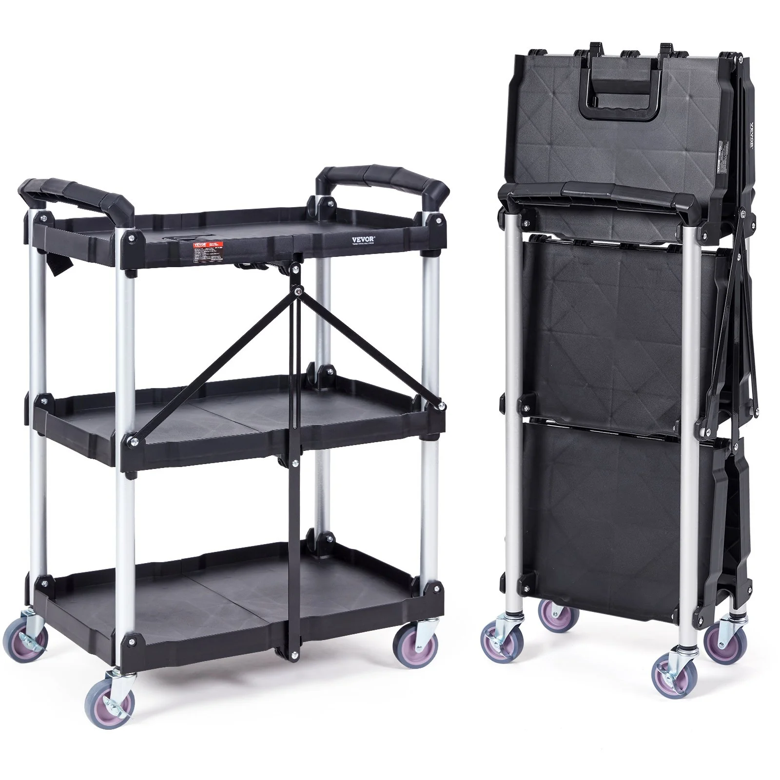 EVOR 3-Shelf Rolling Utility Cart - 165LBS Capacity, Foldable, Lockable Wheels, for Warehouse, Office, Home - 25.6x15.4x32.8 inches