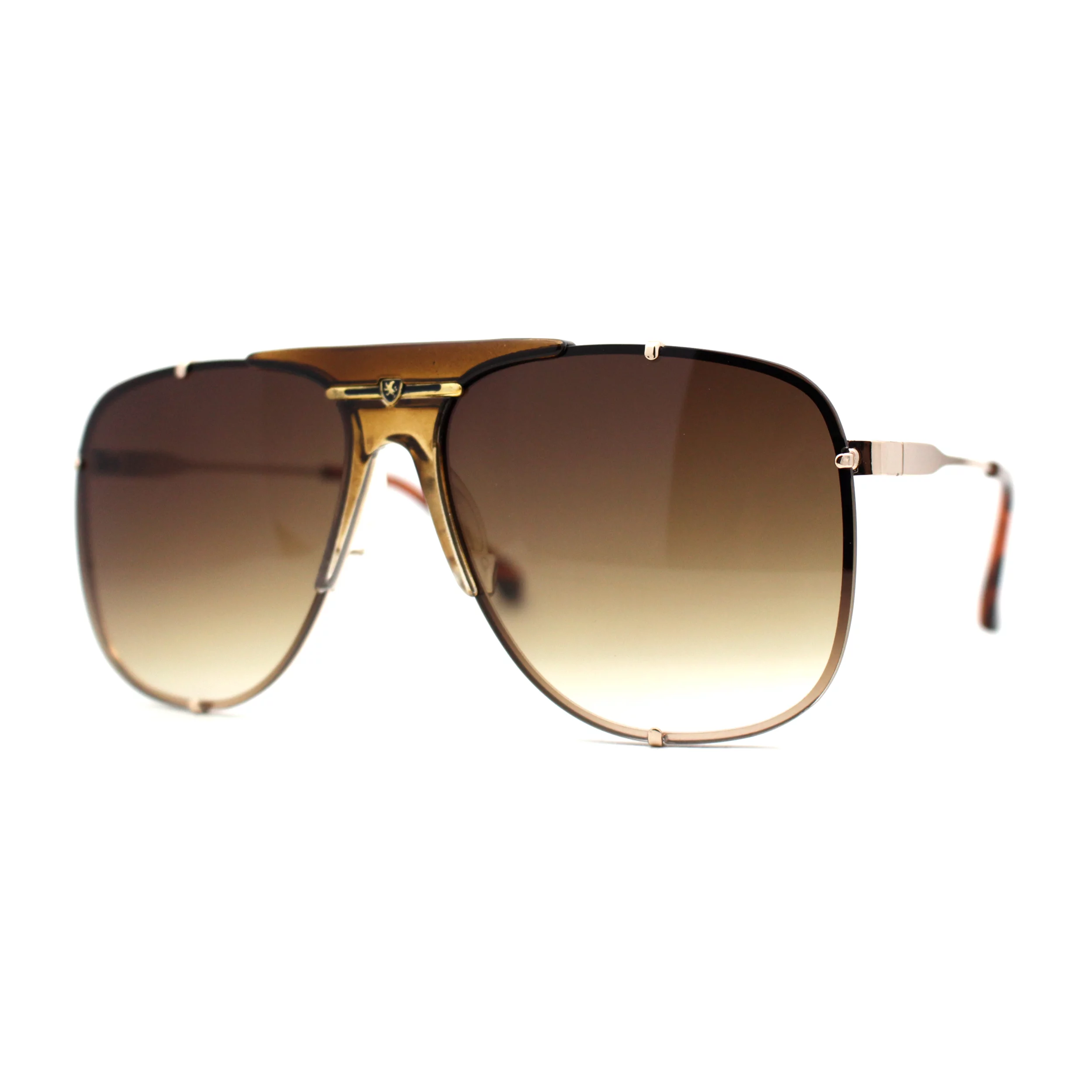 Luxurious Mens Rimless Rectangular Baller Gangster Officer Sunglasses Gold Brown