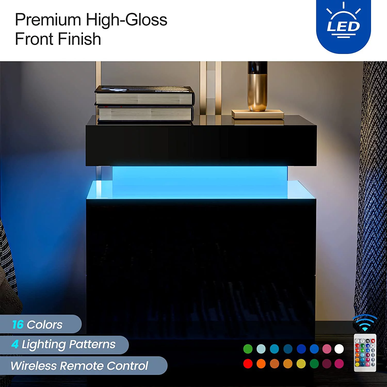 IKIFLY Black Modern LED Nightstand with 2 Drawers/High Gloss Bedside Tables with Changing LED Lights/End Side Table for Bedroom Living Room Furniture - Black