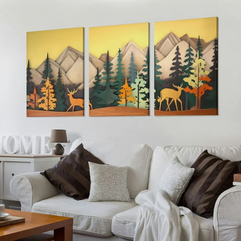 COMIO wooden mountain wall art framed forest scape cabin home nursery 3d nature decor wilderness adventure themed house decorations large geometric landscape pine tree artwork12''x16''X3 Panels