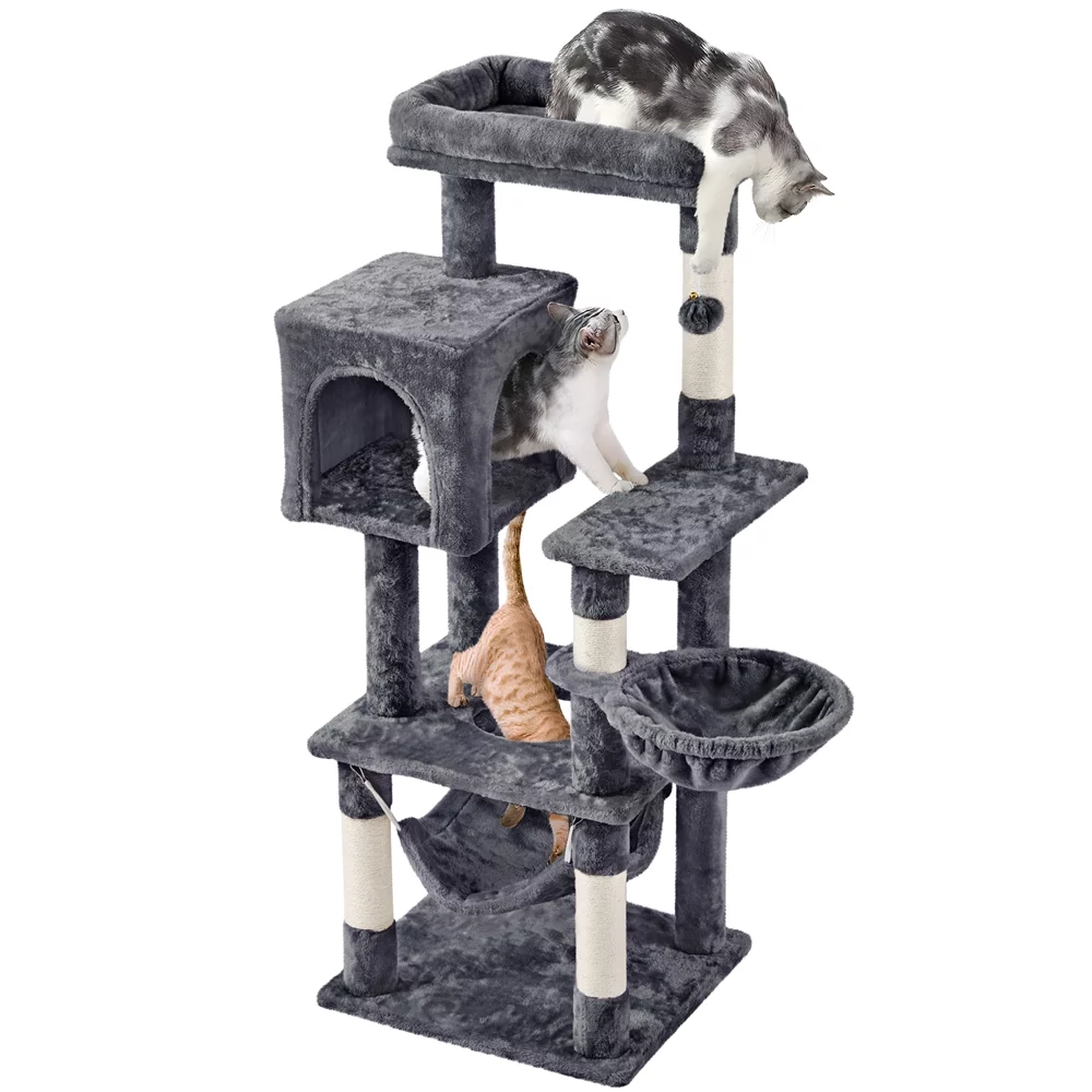 Easyfashion Multilevel Medium Plush Cat Tree Tower with Scratching Post for Kittens, Dark Gray