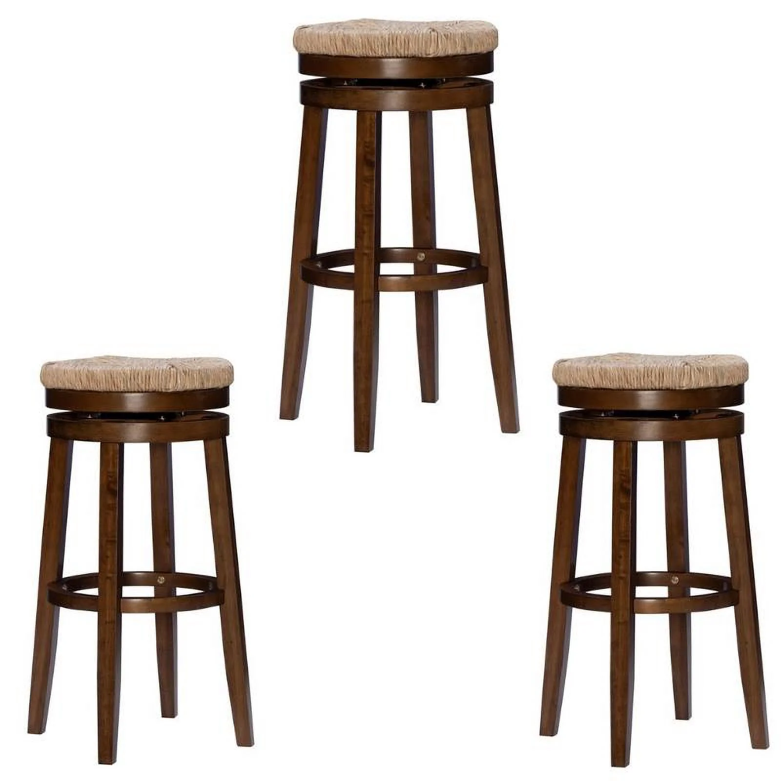 Home Square 3 Piece Solid Wood Swivel Rush Bar Stool Set in Walnut Brown