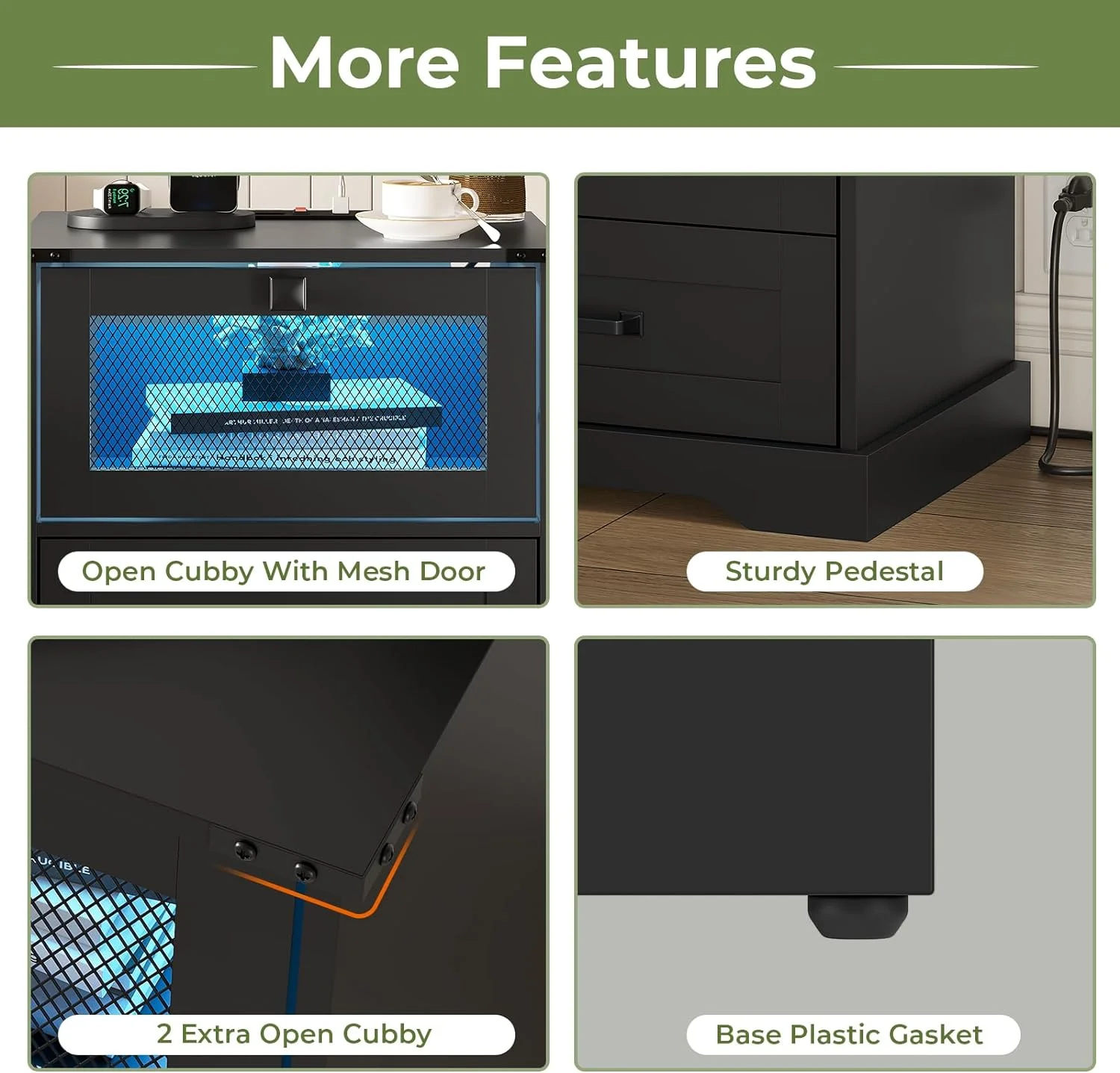 2 Drawers Nightstand with LED Light and Plug Charging Station, Farmhouse End Side Table with 2 Drawers and Open Cubby, Bedside Table for Bedroom,Black