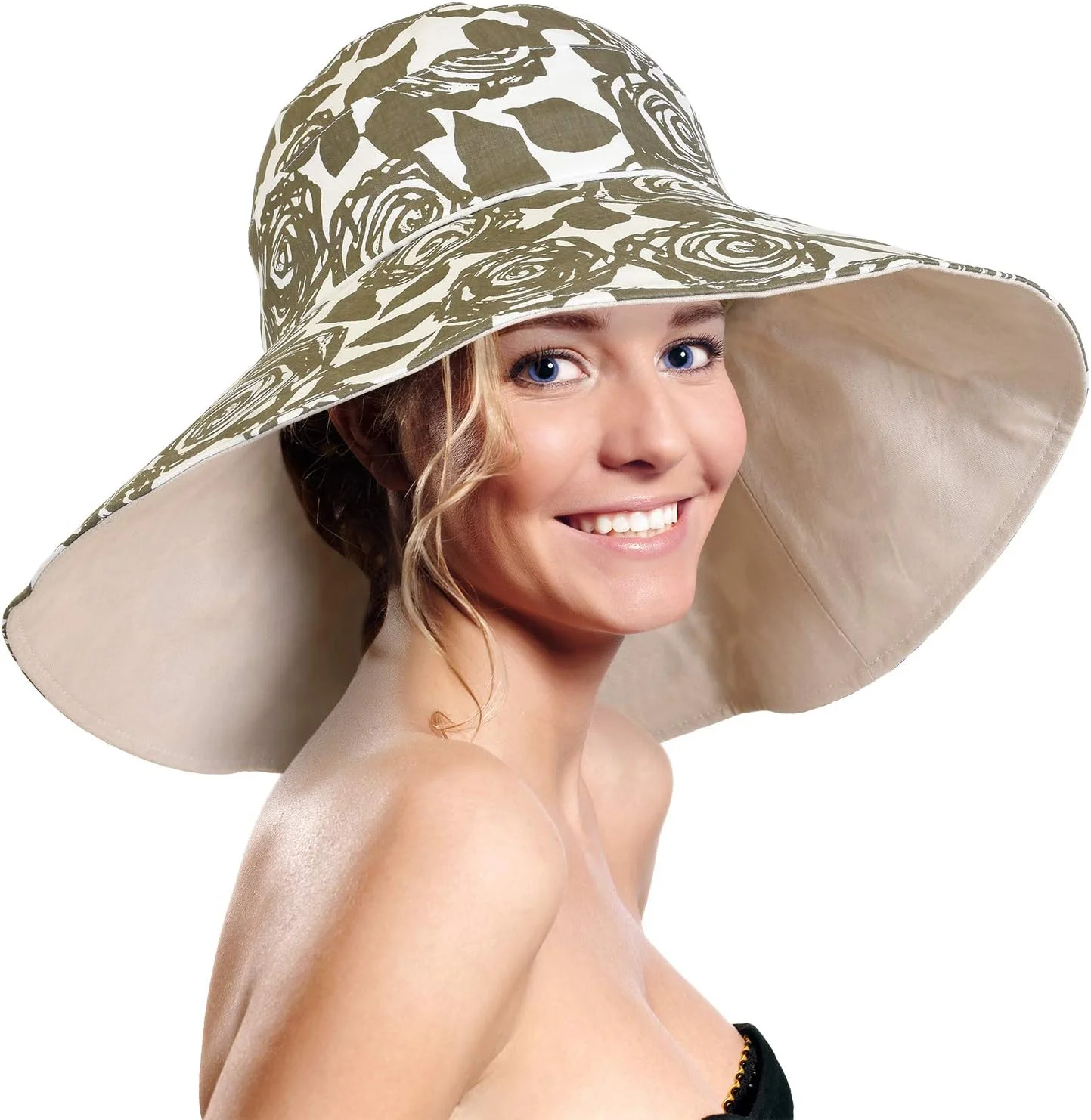 Womens 5'' Super Wide Brim Sun Hats Summer UPF 50+ Beach Hat Foldable Floppy Rose