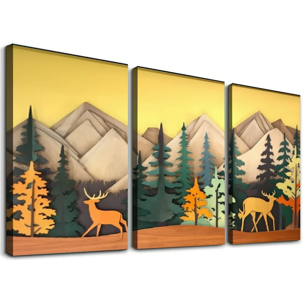 COMIO wooden mountain wall art framed forest scape cabin home nursery 3d nature decor wilderness adventure themed house decorations large geometric landscape pine tree artwork12''x16''X3 Panels