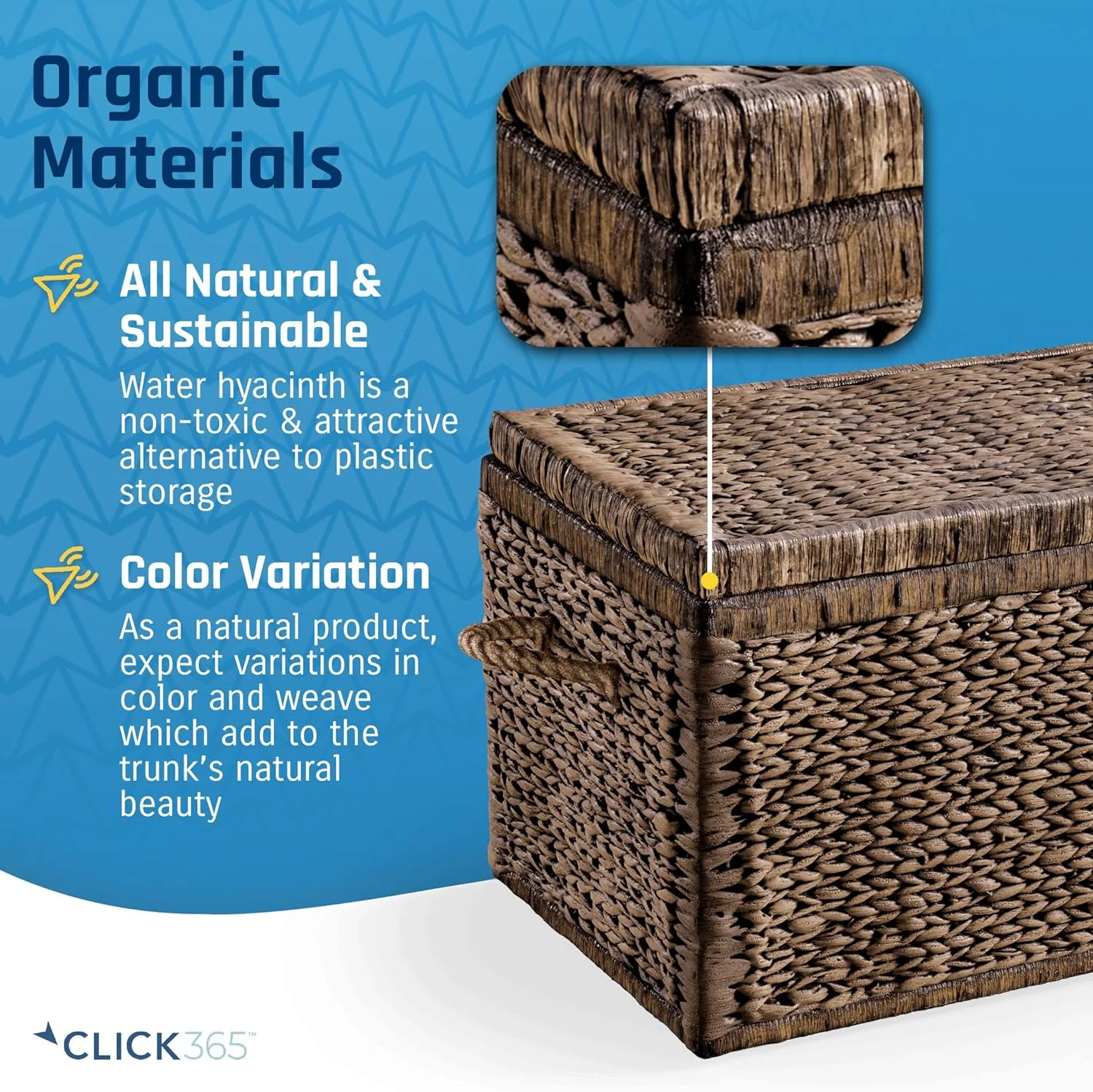 Click365 Storage Trunk, Farmhouse Style, Extra Large (33”), Deep, Woven Wicker Chest With Metal Frame, 2 Handles, Flip Top Lid and Stay Open Safety Hinges, Sustainable Eco Material, Rustic Brown