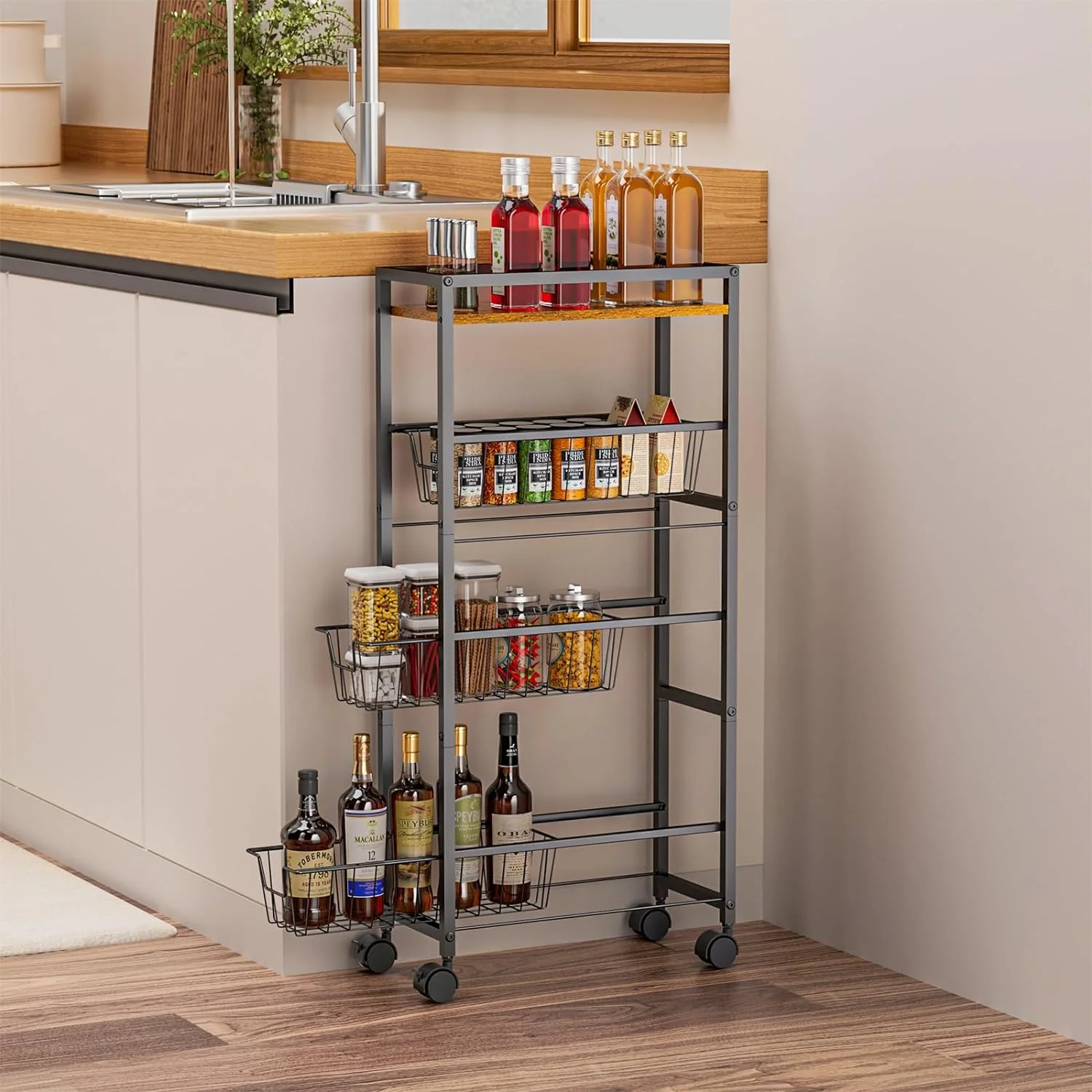 4-Tier Slim Storage Cart with Wheels,X-cosrack Rolling Utility Cart with Slide-Out Wire Baskets & Wooden Tabletop,Mobile Shelving Unit for Bathroom Kitchen Laundry Narrow Places