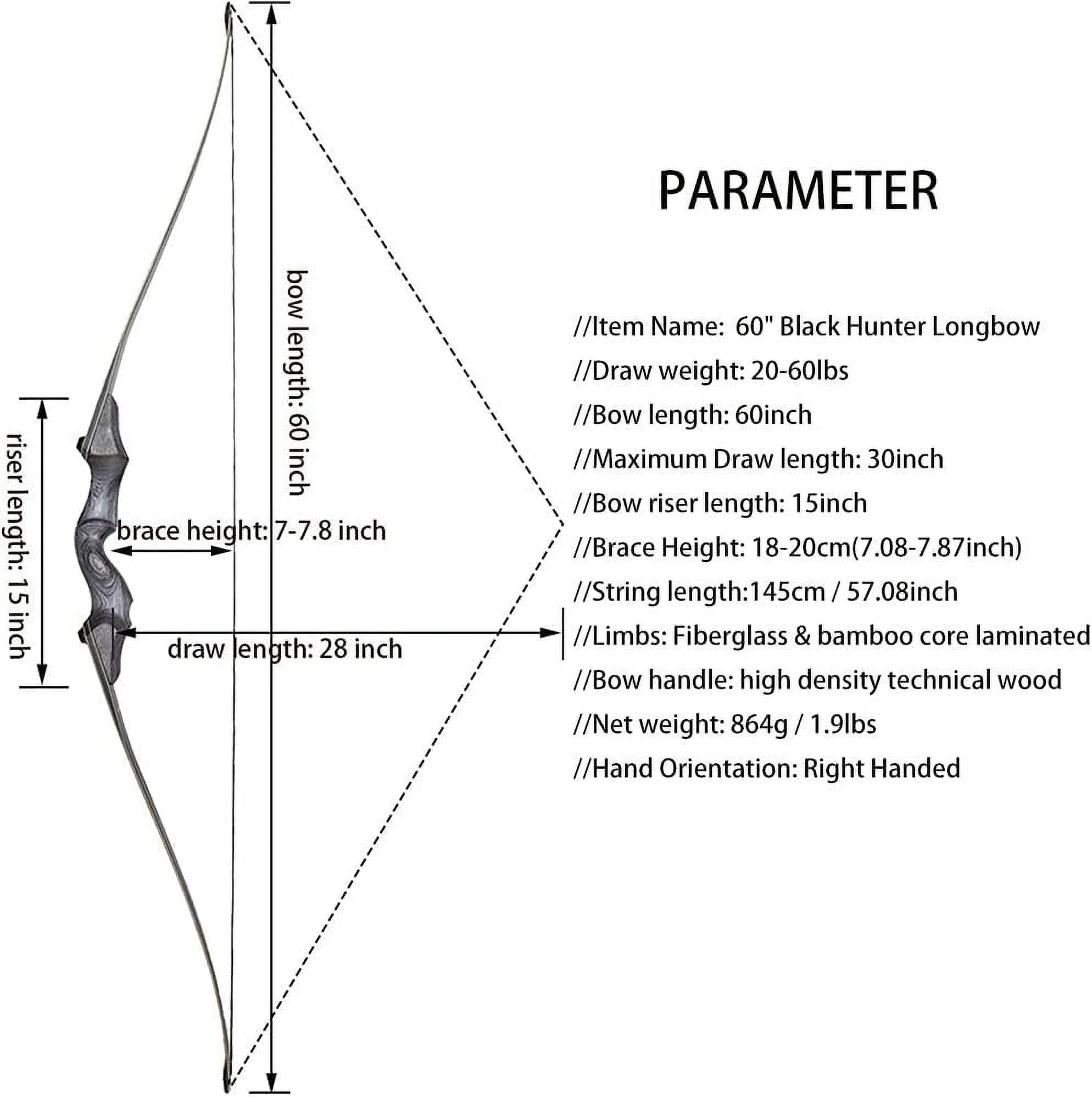 Black Hunter Takedown Longbow and Arrow Set American Hunting Longbow 60