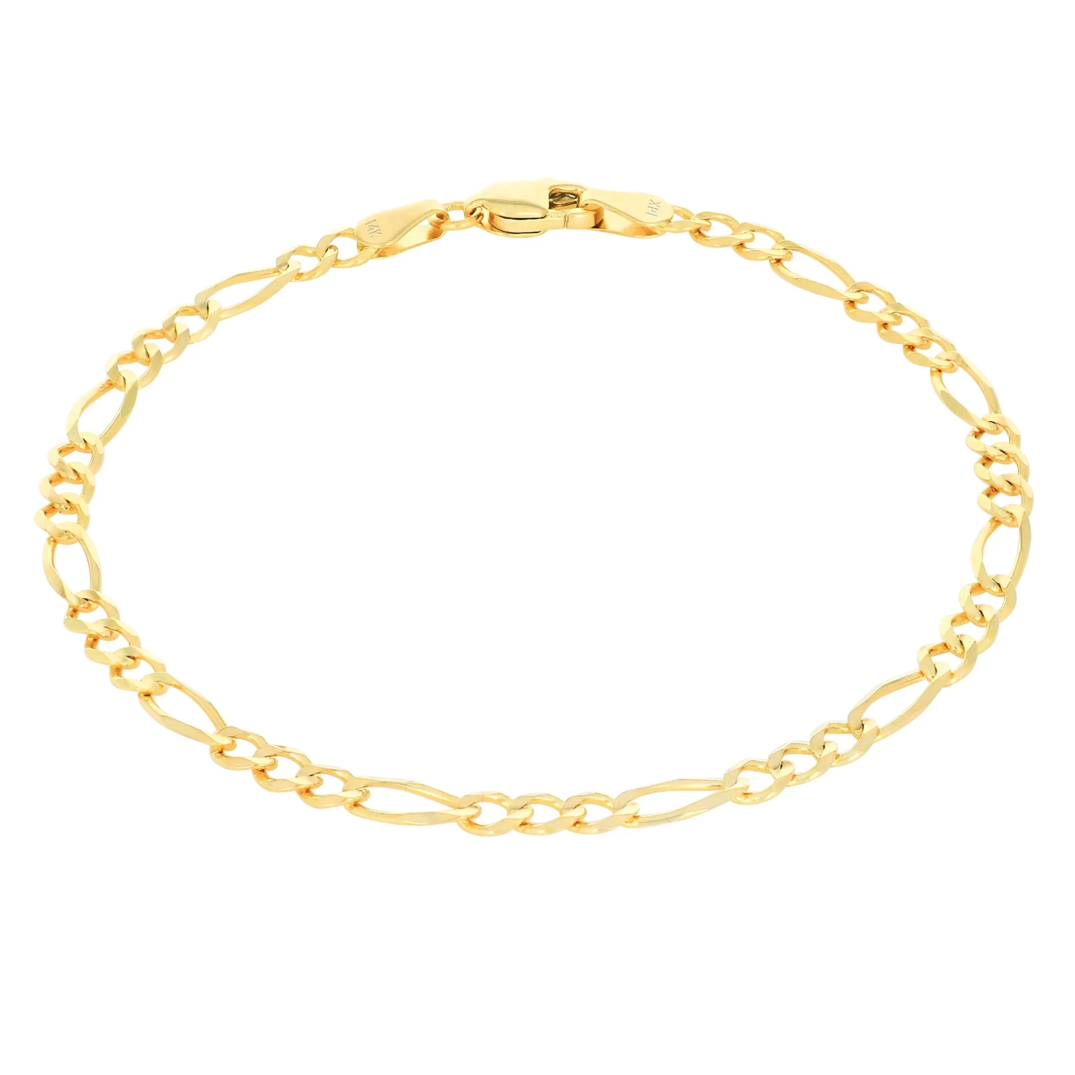 Nuragold 14k Yellow Gold 3.5mm Solid Figaro Chain Link Bracelet, Mens Womens Jewelry 7