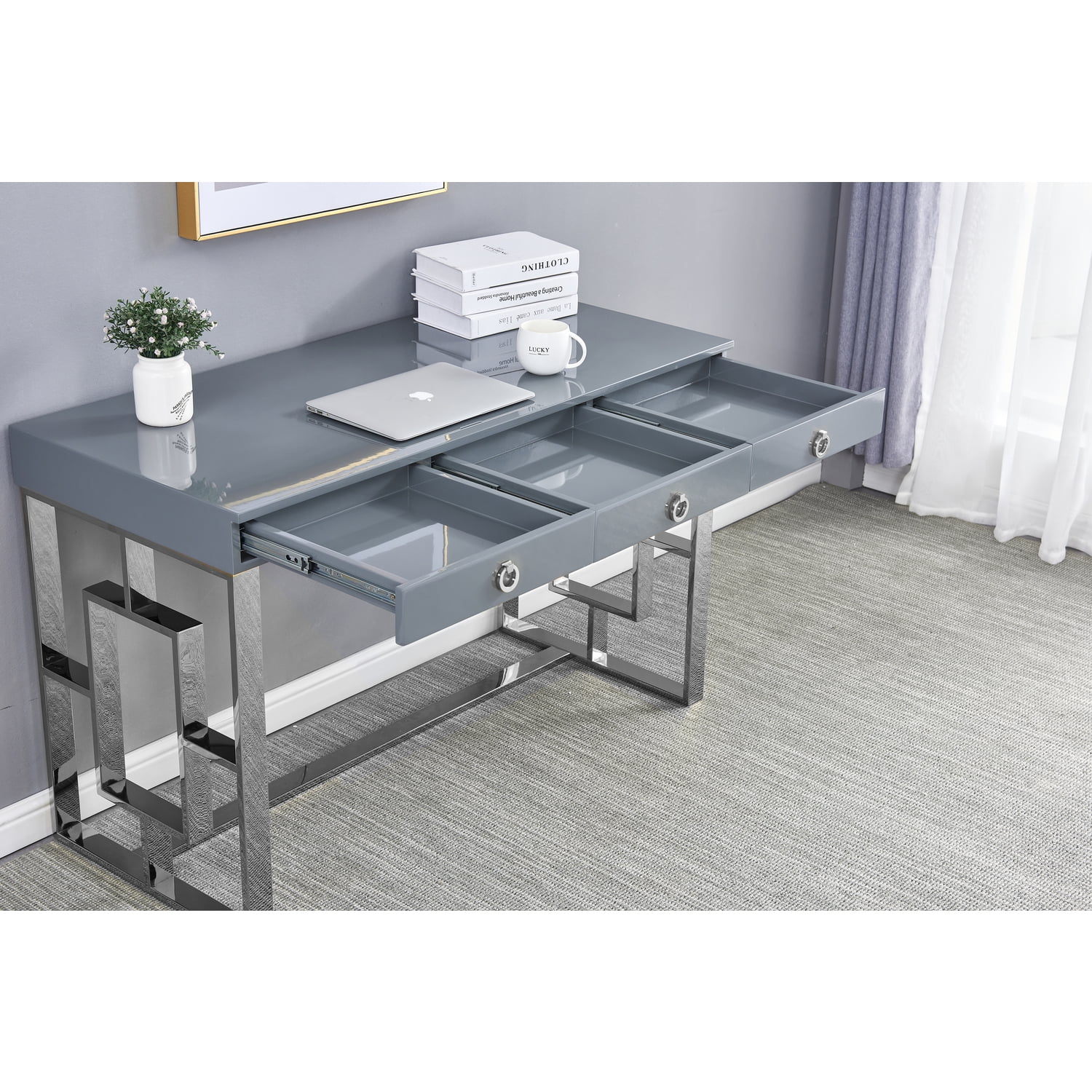 Brooks 3 Drawer Wood and Stainless Steel Frame Writing Desk - Gray/Silver