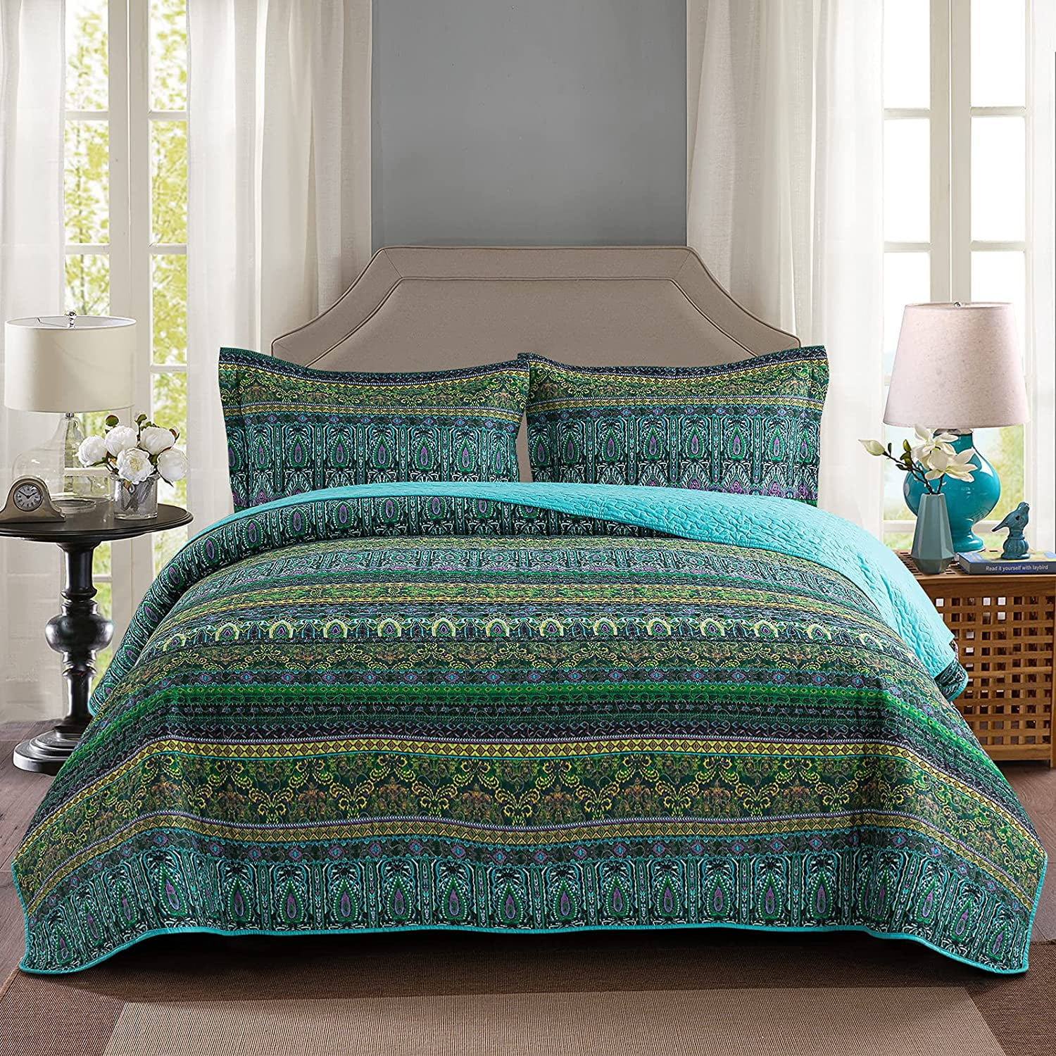 NEWLAKE Striped Jacquard Style Cotton 3-Piece Patchwork Bedspread Quilt Sets King Size