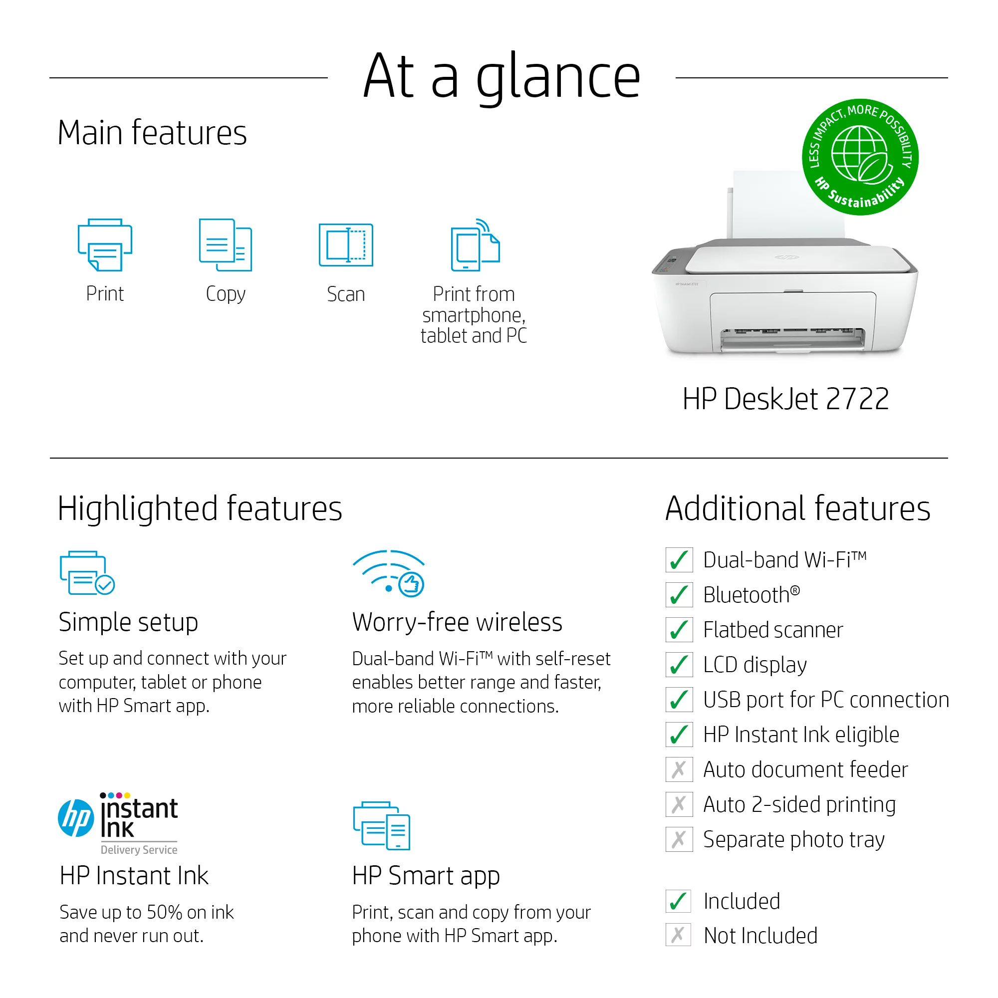 HP DeskJet 2722 All-in-One Printer, White