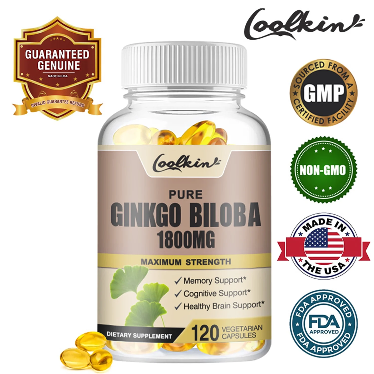Coolkin Ginkgo Biloba Capsules 1800mg - Improve Memory, Enhance Cognitive Function(30/60/120pcs)