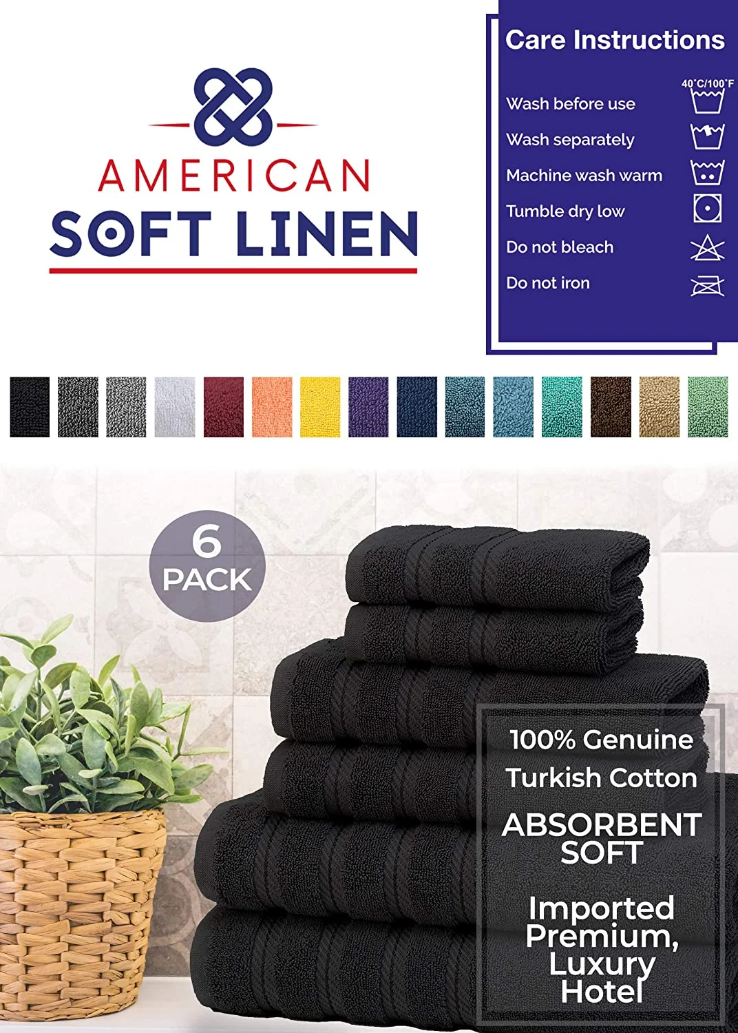 American Soft Linen 6-Piece 100% Turkish Genuine Cotton Premium & Luxury Towel Set for Bathroom & Kitchen, 2 Bath Towels, 2 Hand Towels & 2 Washcloths [Worth $72.95] - Coal Black