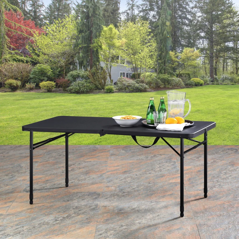 4 Foot Fold-In-Half Adjustable Table, Rich Black Folding Table Camping Picnic Table