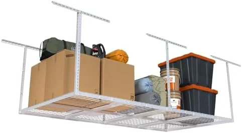 CHFBC 4ftx8ft Overhead Garage  Rack  Heavy-Duty Metal Garage Ceiling  Rack  22''-40" Adjustable Ceiling Drop-Down  600 lb. Loading Weight Capacity  Black