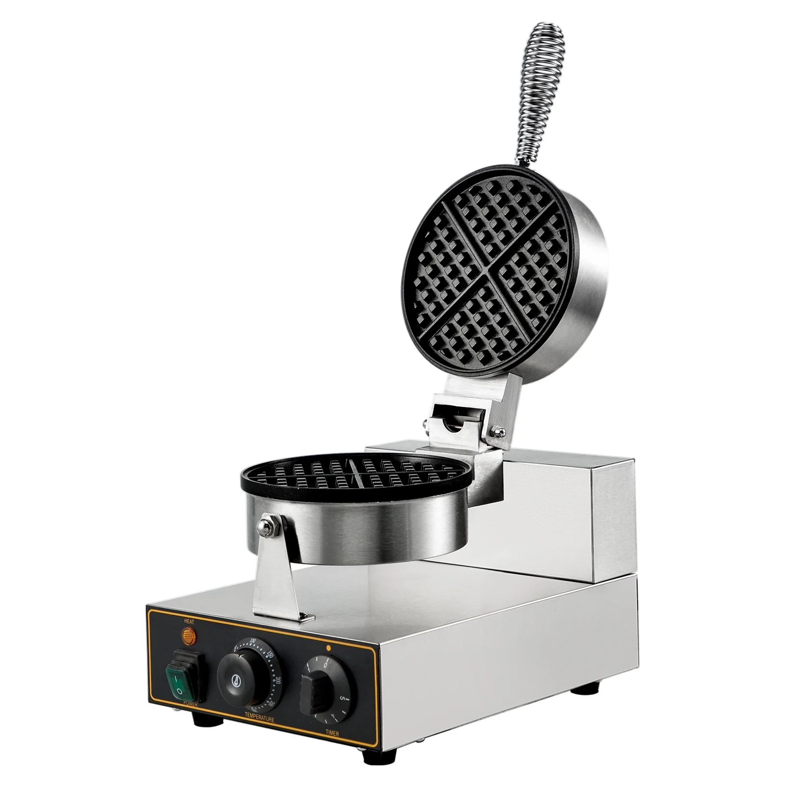 SKYSHALO 1100W Stainless Steel 110V Temperature and Time Control, Suitable for Restaurant Bakeries Snack Bar Family, Sliver Commercial Round Waffle Maker Nonstick