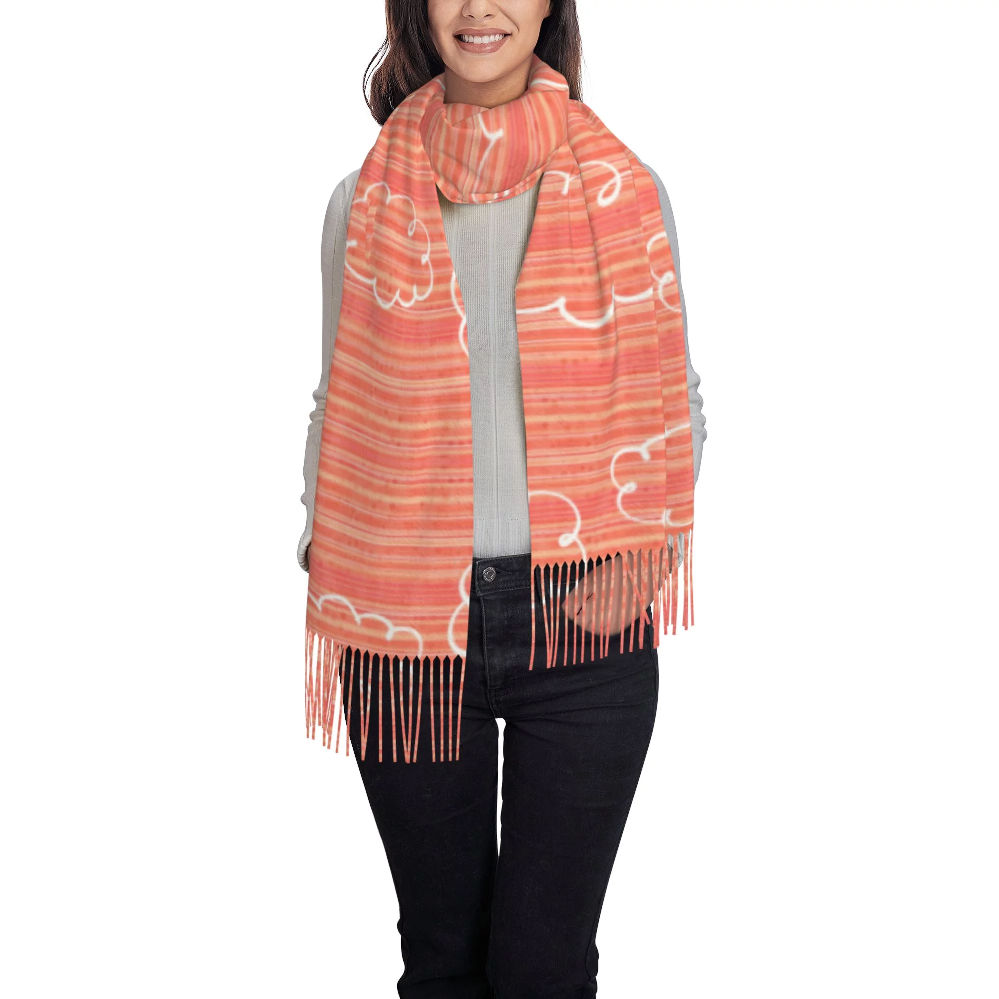Women's Fashion Tassel Scarf, Pink Line Cloud Graffiti Long Shawl, Lightweight and Warm