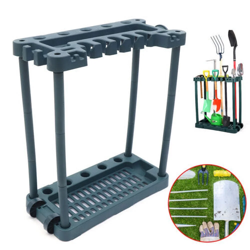 Garden Tool Rack Garage Outdoor Tool Storage Rack Yard Organizer w/ 2 Wheels