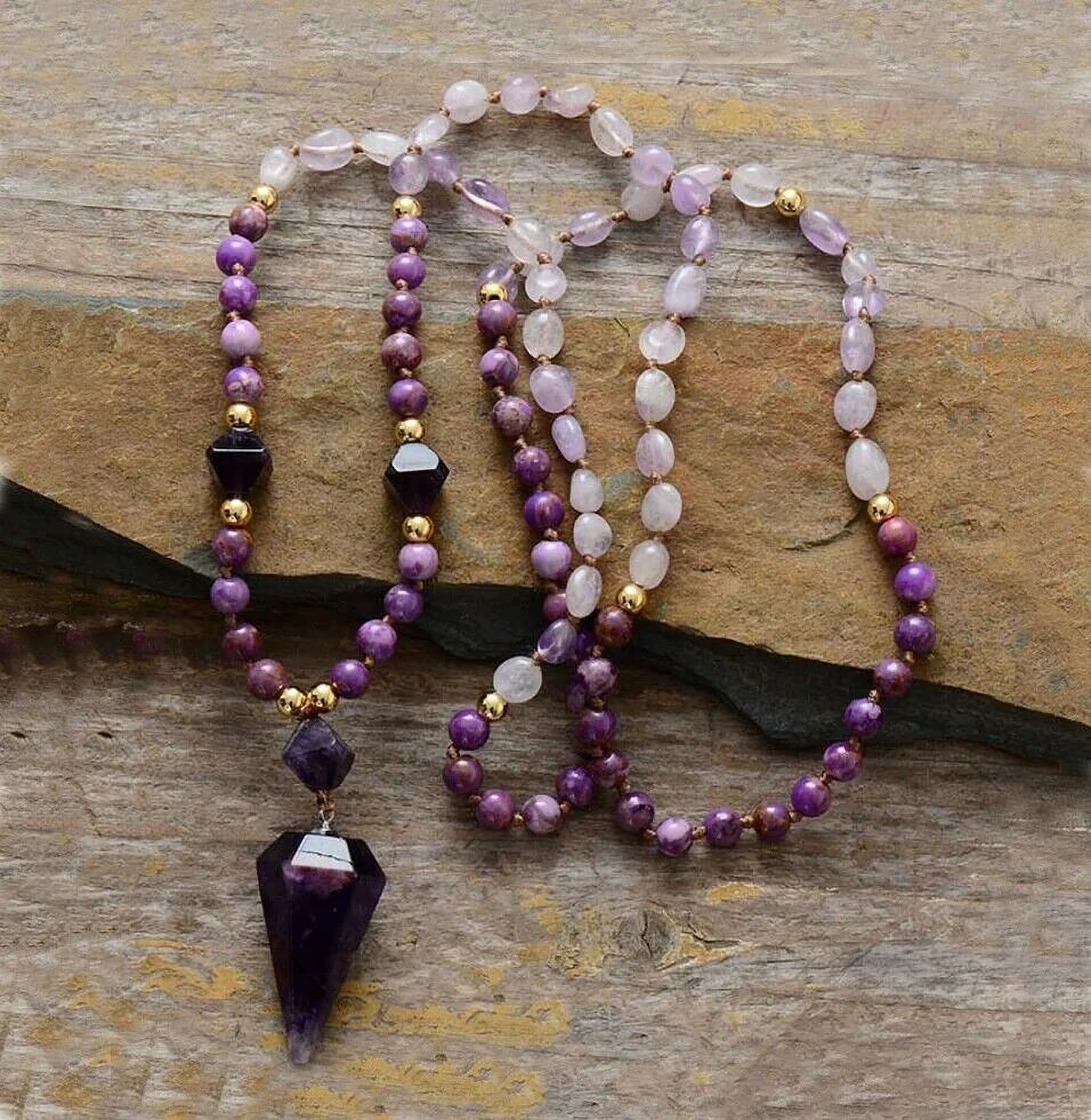 Amethyst 108 Mala Bead Healing Meditation Hexagonal Unisex Pendant Necklace Gift