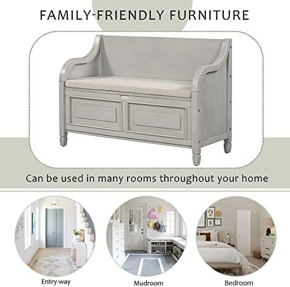 NLTBONNIE 42 Inch Rustic Style  Bench with Safety Hinge Solid Wood Entryway Multifunctional  Bench Shoe Bench with Removable Cushion for Living Room Bedroom