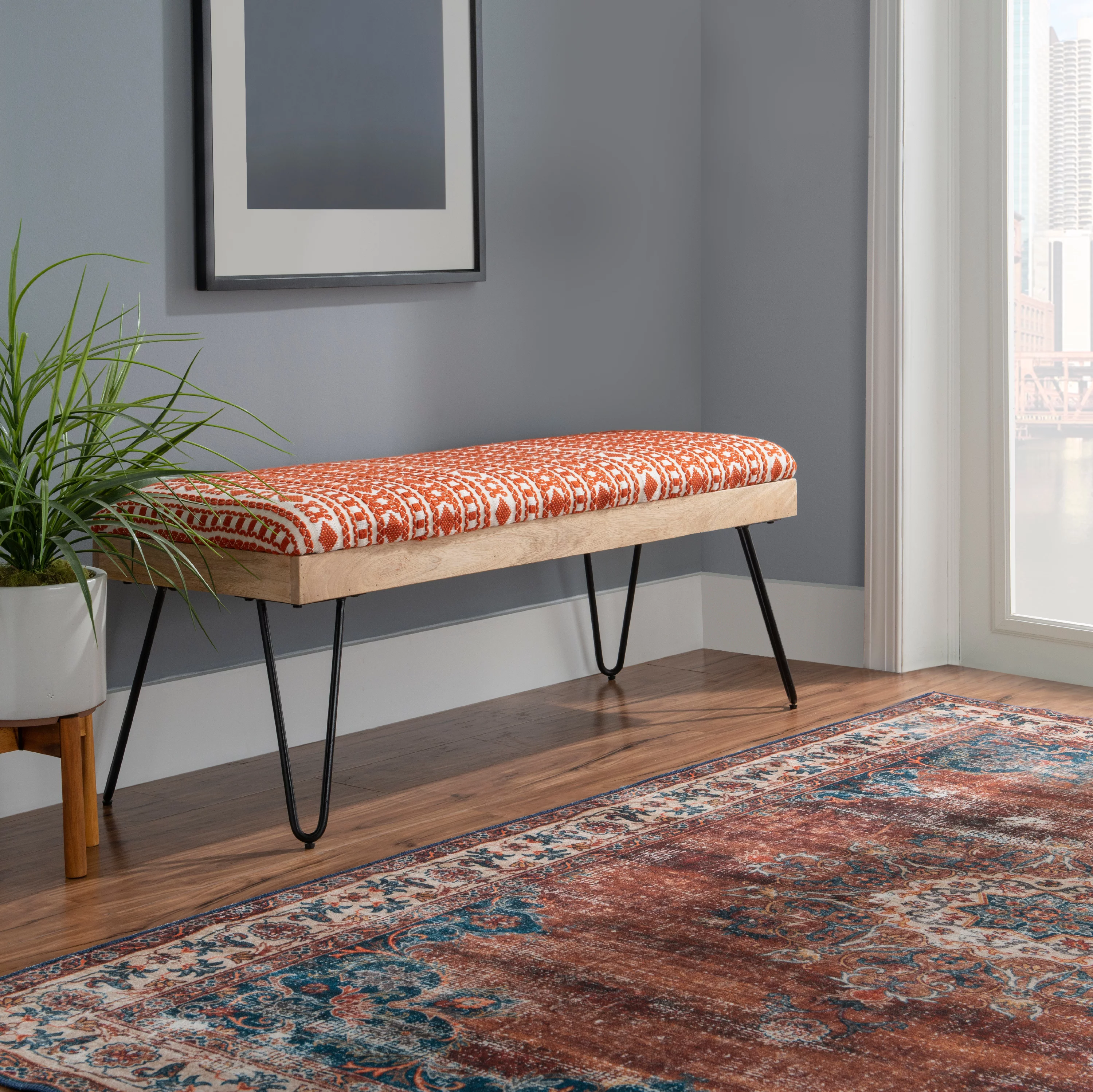 Newley Upholstered Bench, Black Hairpin Legs with Terra Cotta and Natural Stripe Fabric