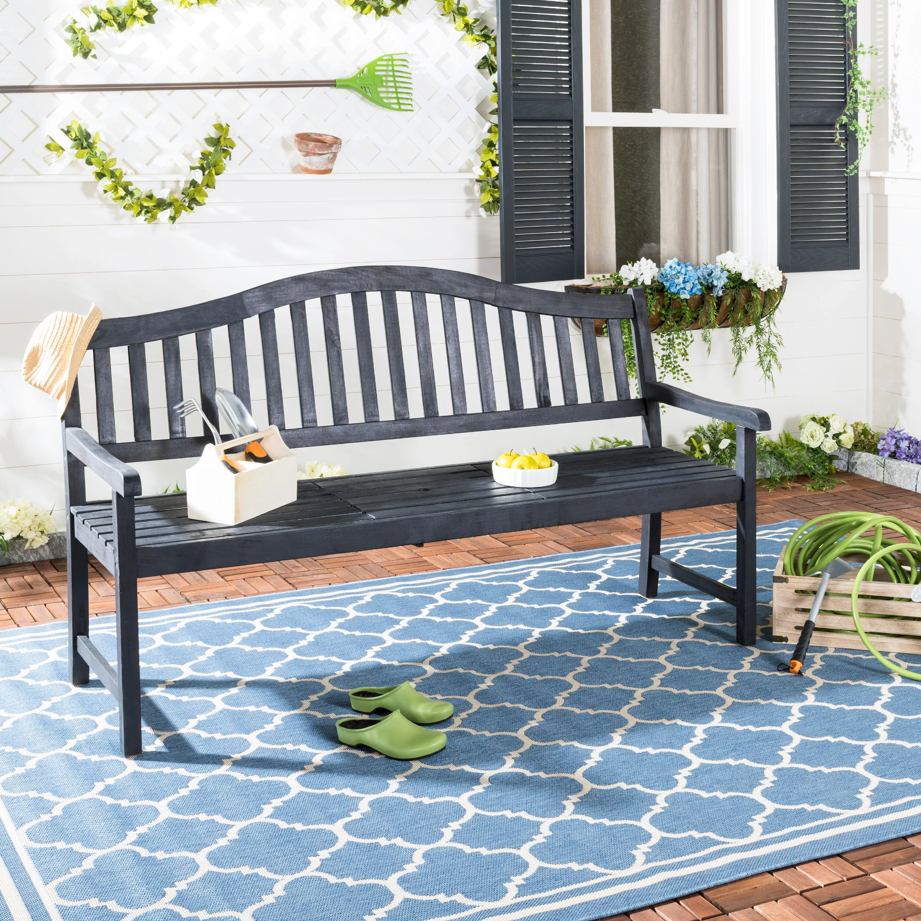 SAFAVIEH Mischa Outdoor Patio Bench with Center Lift, Dark Slate Grey