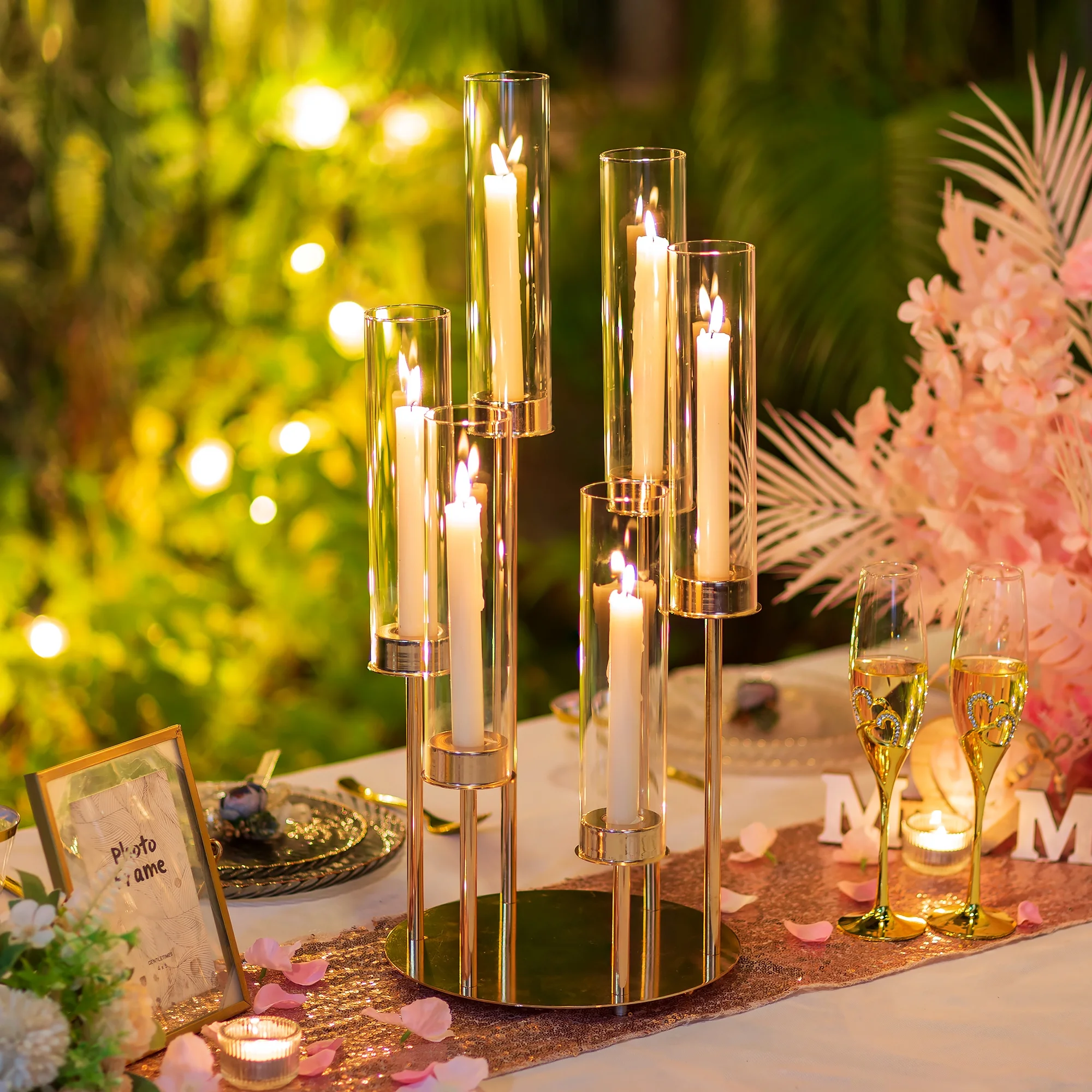 Hurricane Glass Candle Holders 6 Arm Gold Metal Candlestick Candelabra with Removable Clear Cylinder Sleeve 24 inch Taper Holder