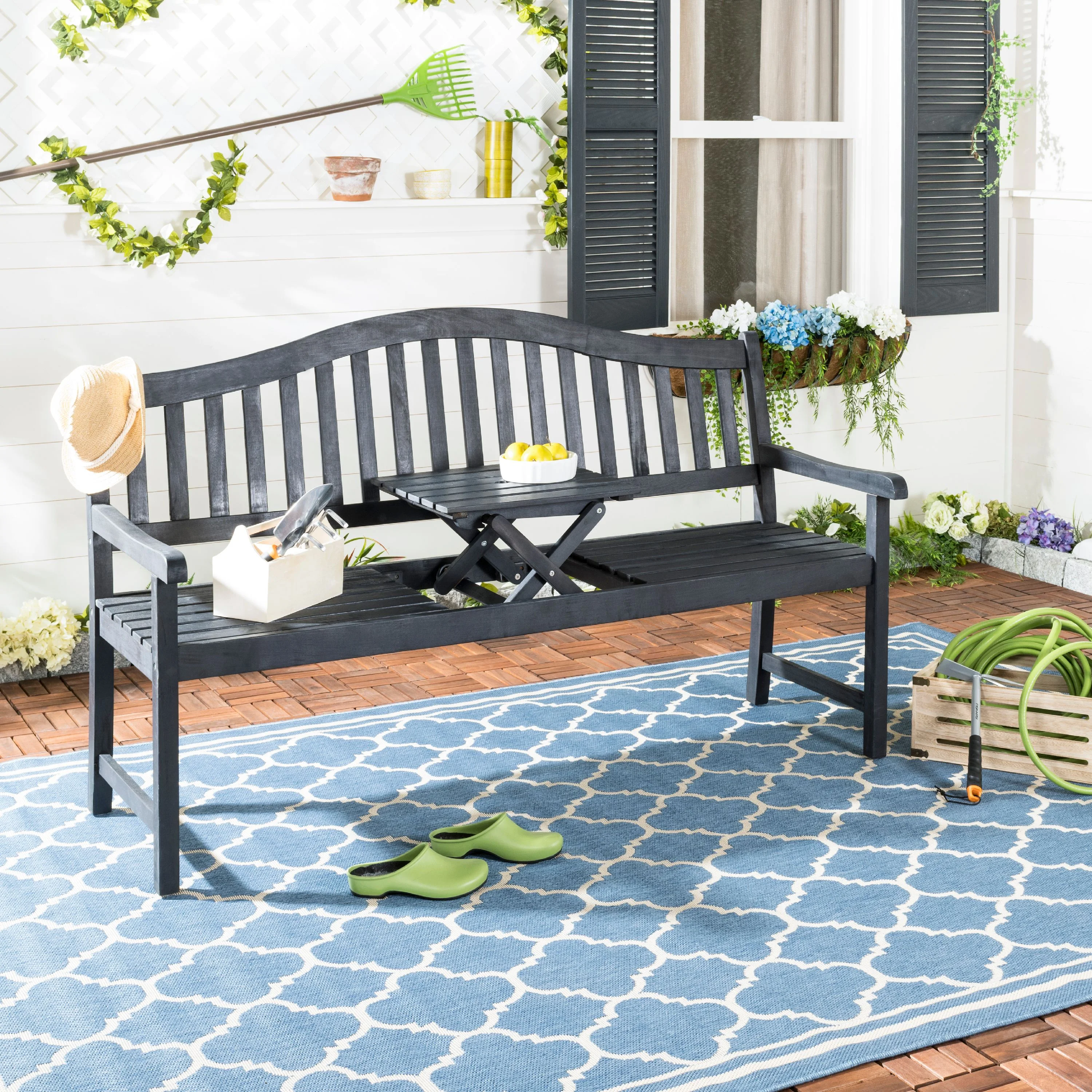 SAFAVIEH Mischa Outdoor Patio Bench with Center Lift, Dark Slate Grey