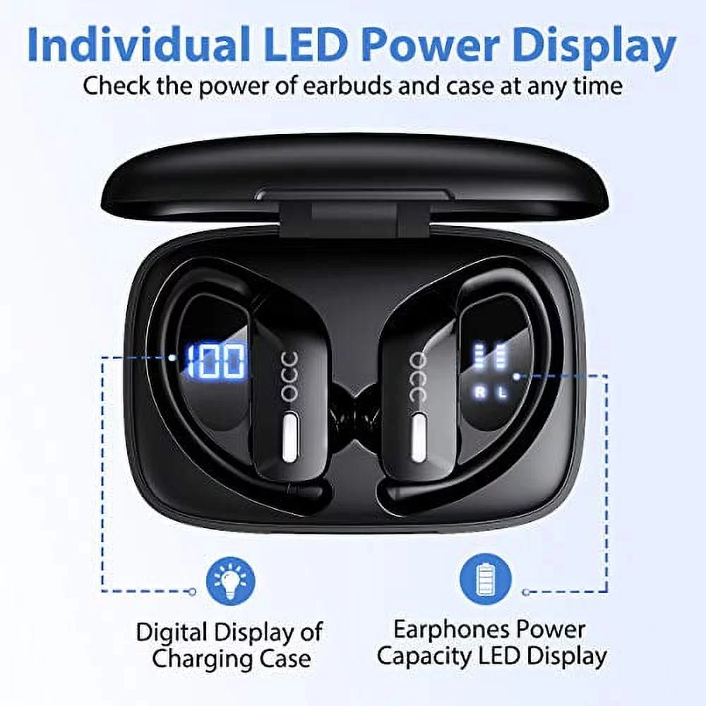 Occiam Bluetooth Headphones-True Wireless Earbuds 48Hrs Playtime Earphones TWS Deep Bass Loud Voice Call Over Ear Waterproof with Microphone Smart LED Display for Sports Running Gaming Workout-Black