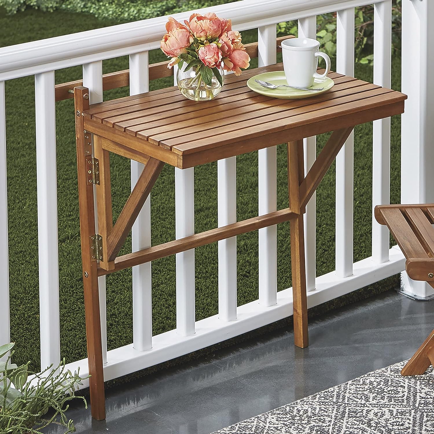 Outdoor Folding Balcony Table, Foldable Acacia Wood Deck Bar, Portable Apartment, Balcony, Railing, & Porch Furniture, 27-Inches W x 15 3/4-Inches D x 31.97-Inches H, Teak