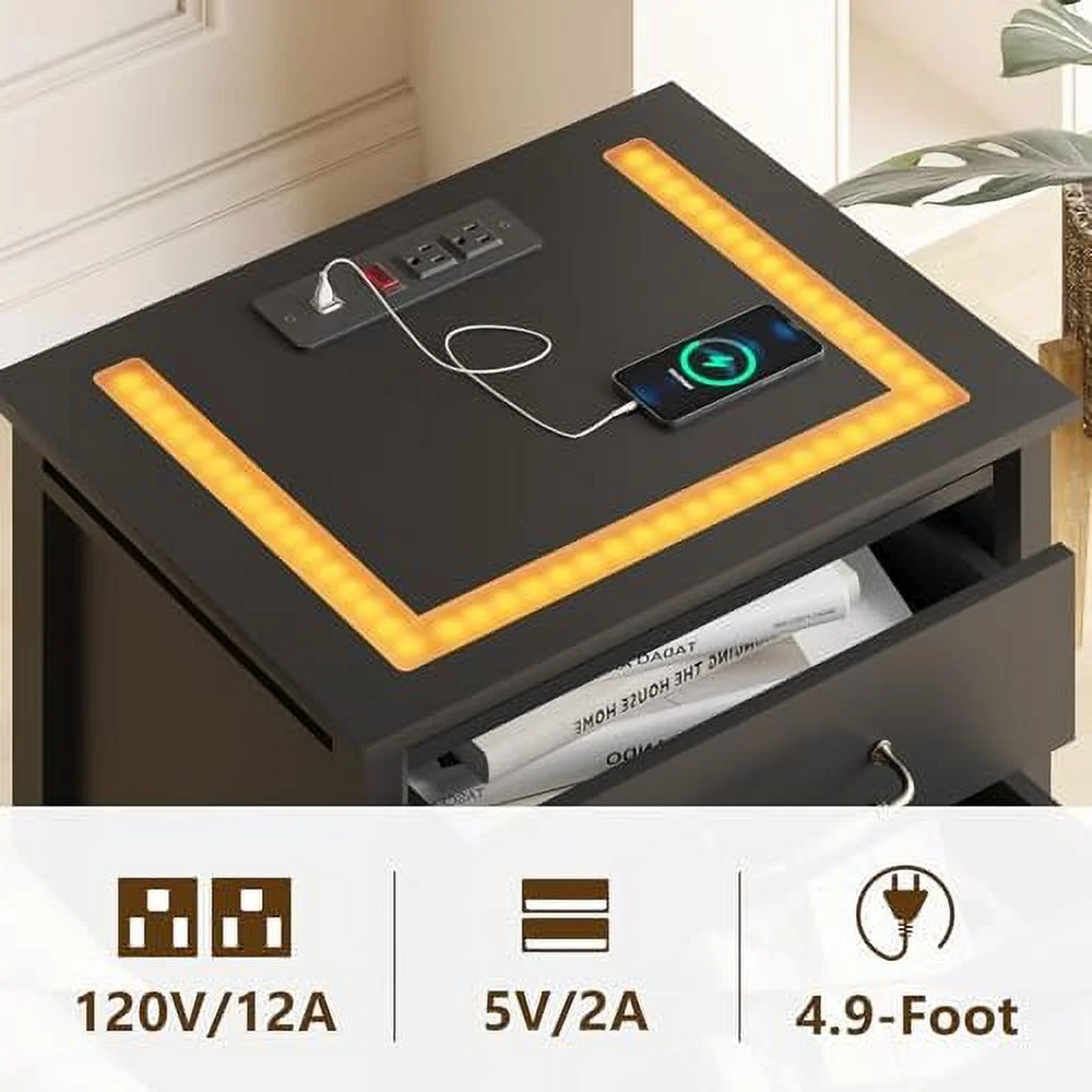 GEROBOOM Nightstand with Charging Station & LED Lights  Bedside Table Night Stand for Bedroom  LED Nightstand with Drawers  End Table with USB Ports & 2 AC Outlets  Black