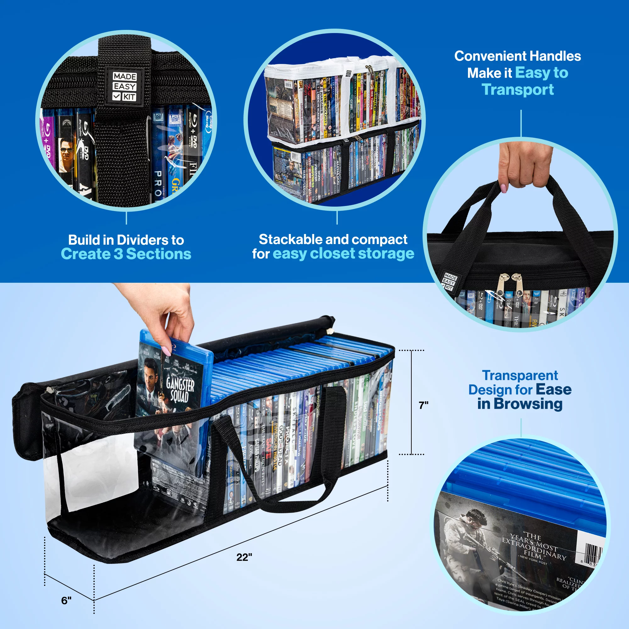Made Easy Kit Blu-ray Media Storage Bag Case - Clear PVC Organizer With Triple-Stitched Handles, Dividers - Stackable, Space-Saving - Fits 42 Standard Cases (Black, 4 Bags)