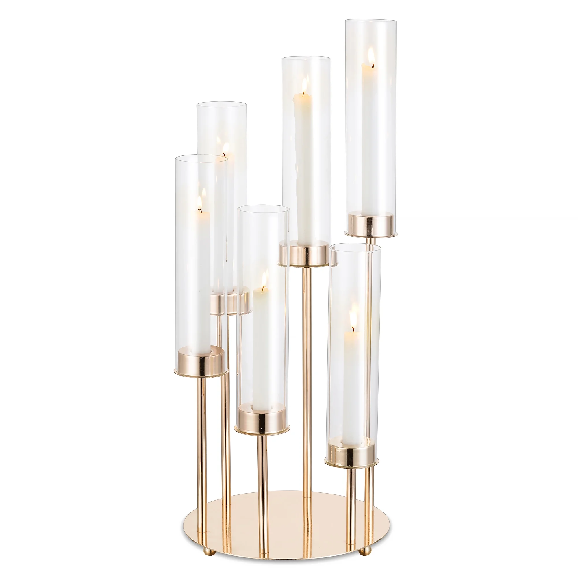 Hurricane Glass Candle Holders 6 Arm Gold Metal Candlestick Candelabra with Removable Clear Cylinder Sleeve 24 inch Taper Holder