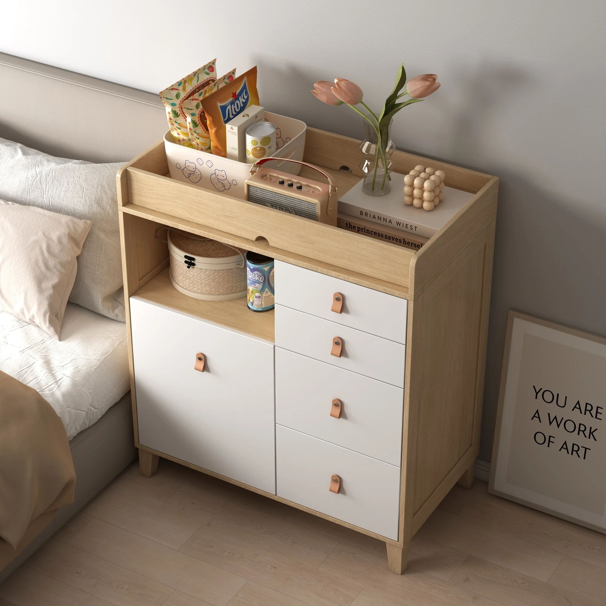 Versatile Nursery Changing Station with Ample Storage - White Dresser Oak - 5-drawer