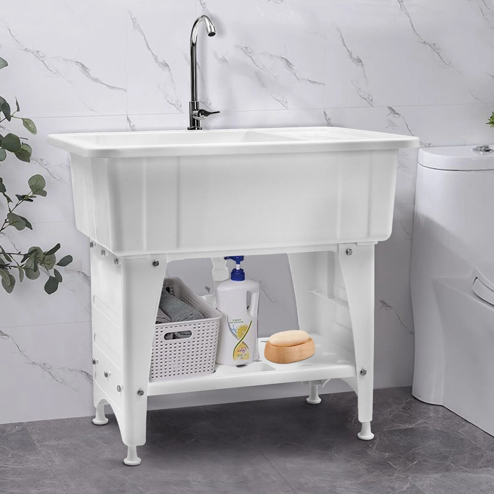 White Utility Sink Laundry Tub Freestanding Sink Wash Station w/ Faucet Home