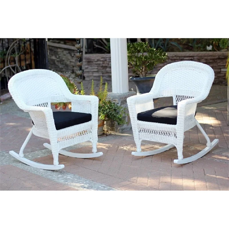 Jeco Resin Wicker Outdoor Patio Rocker Chair in White w/Black Cushion (Set of 2)
