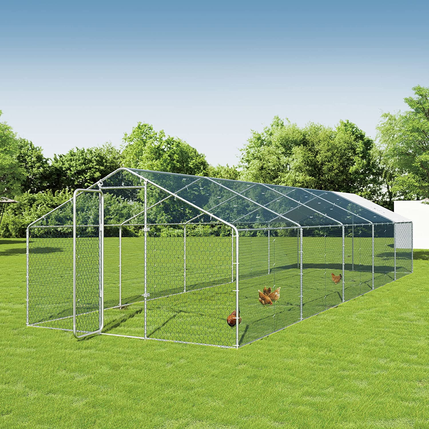 ALAULM Chicken Coops Large Metal Chicken Coops, Outdoor Walk-in Poultry Cage Chicken Run House Chicken Pen with Waterproof and UV Protection Cover for Outdoor