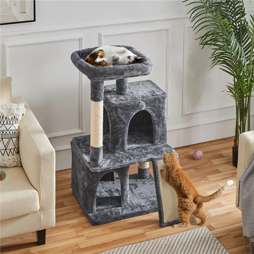 Easyfashion Plush Cat Tree with Scratching Posts for Small and Medium Cats, Dark Gray