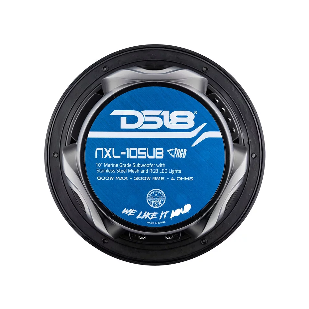 DS18 NXL-10SUB/BK Hydro All Elements 10-In. 600-Watt-Max SVC Marine Subwoofer with Integrated RGB LEDs (Glossy Black)