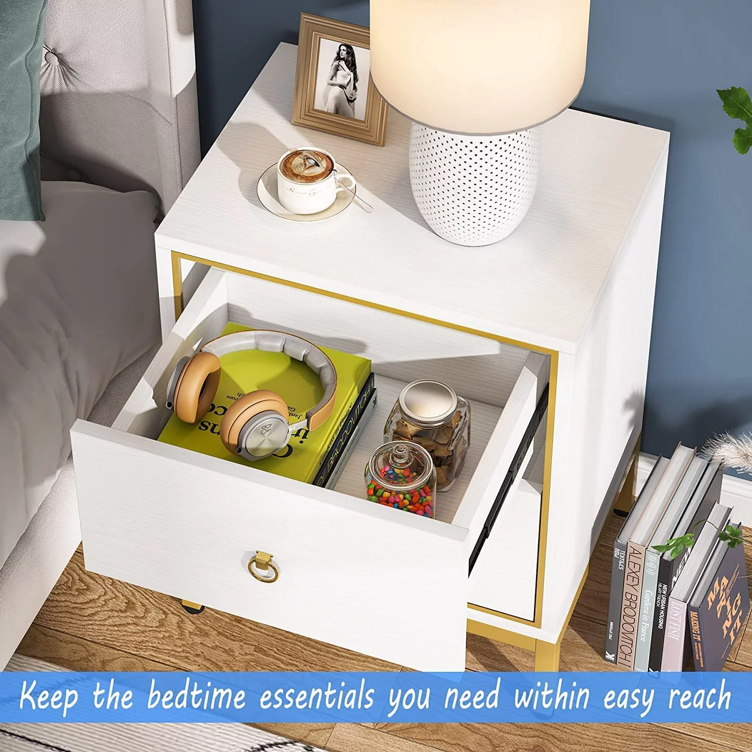 Tribesigns Nightstand with 2 Drawers, White &Gold End Table with Storage, Tall Night Stands Bedside Table for bedrooms, Modern Wood Bedside Furniture with Metal Frame for Bedroom, Living Room