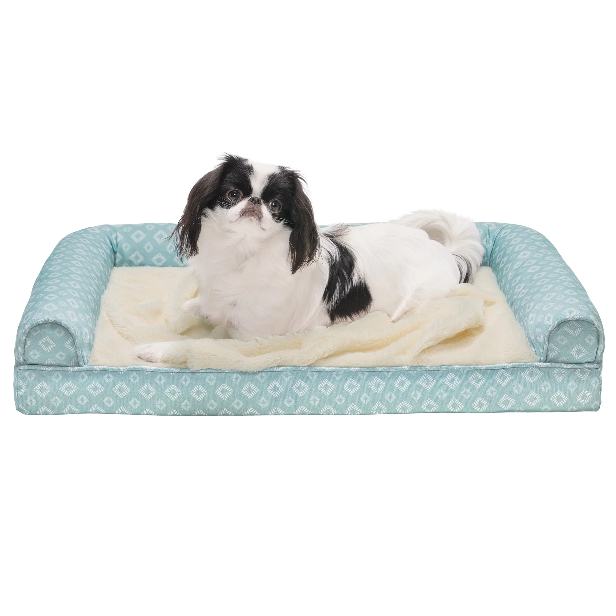 FurHaven Pet Products Plush Fur & Diamond Print Nest-Top Orthopedic Sofa-Style Pet Bed for Dogs & Cats - Aqua, Medium