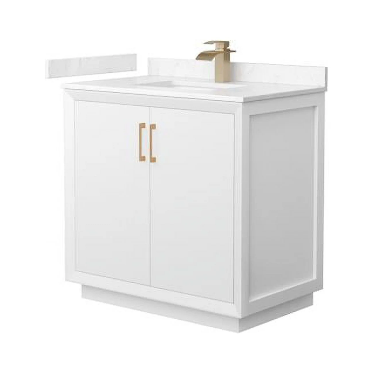36 in. Strada Single Bathroom Vanity, White, Carrara Cultured Marble Countertop, Undermount Square Sink & Satin Bronze Trim