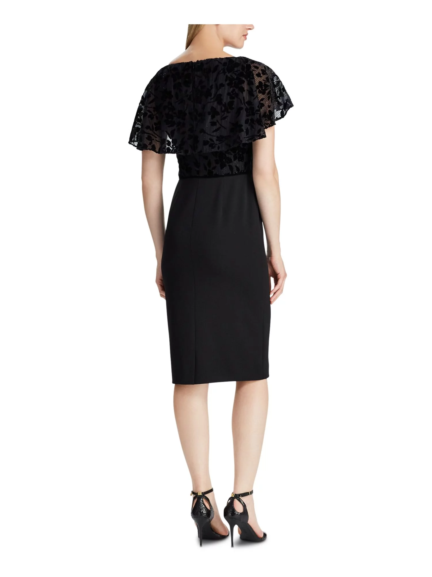 RALPH LAUREN Womens Black Embroidered Petal Sleeve Jewel Neck Knee Length Cocktail Sheath Dress Petites 0P
