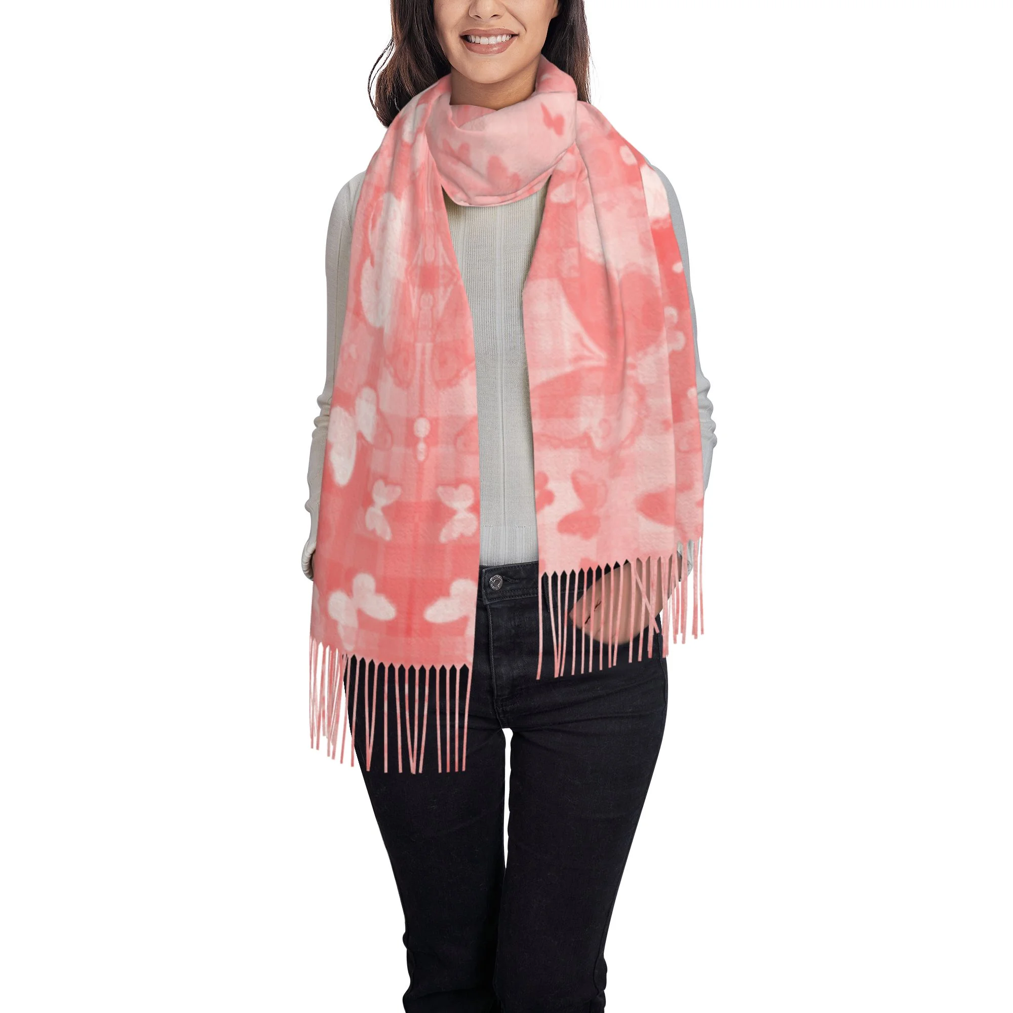 Women's Fashion Tassel Scarf, Pink Butterfly Art Design Long Shawl, Lightweight and Warm